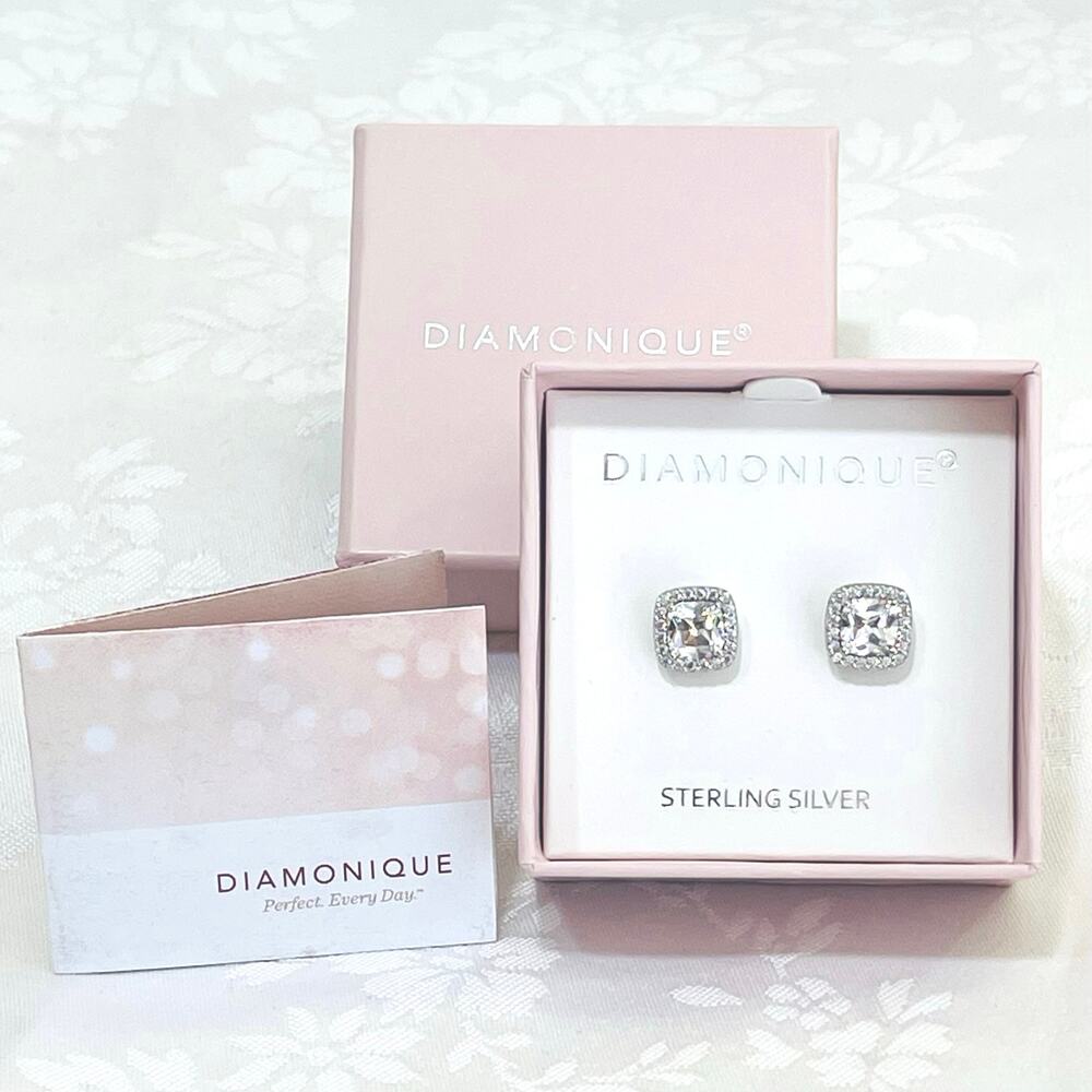 Sterling Silver Diamonique Halo Clear Cubic Zirconia Earrings Stud Cushion 925